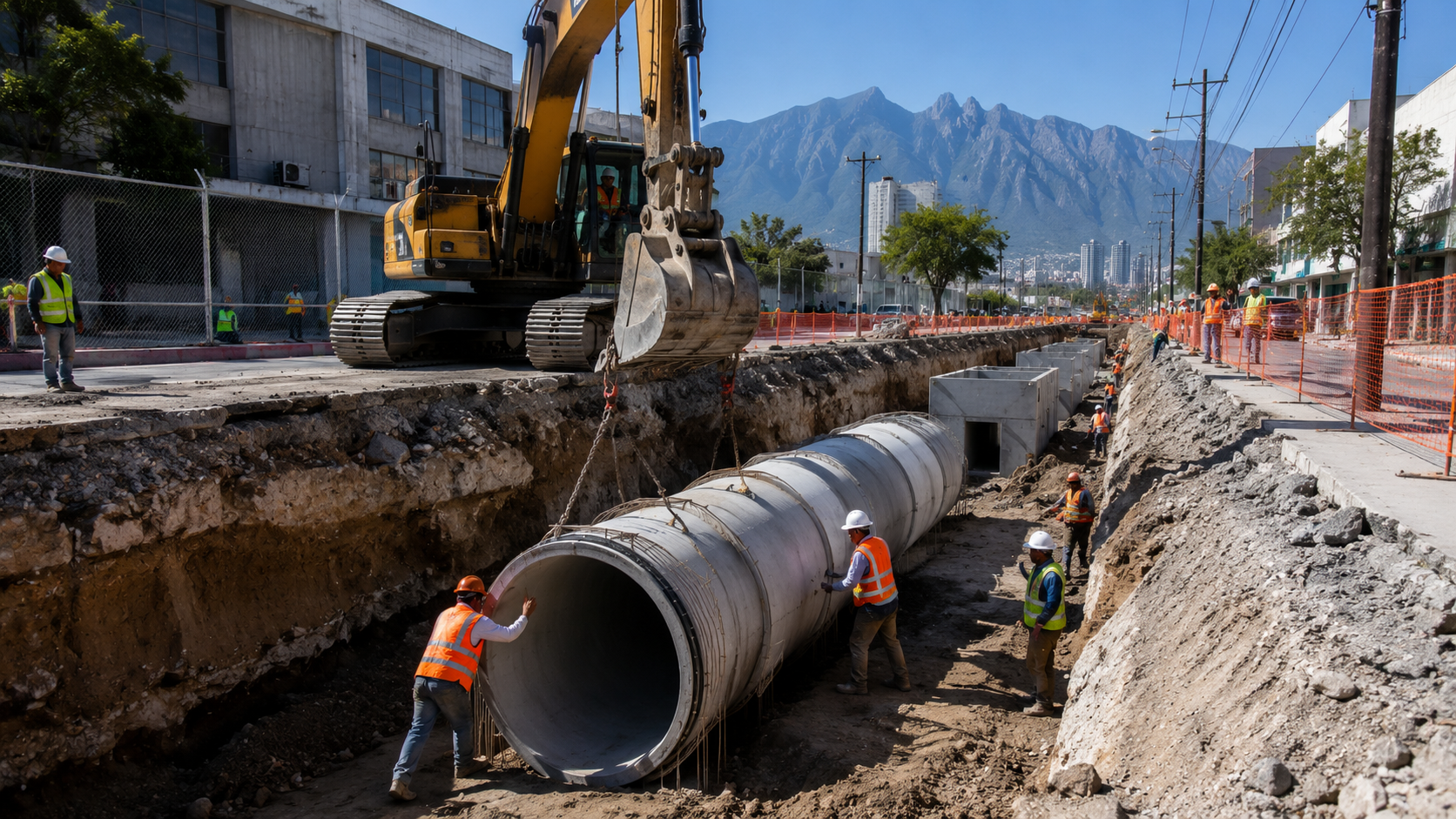 Construcción de drenaje pluvial en Monterrey